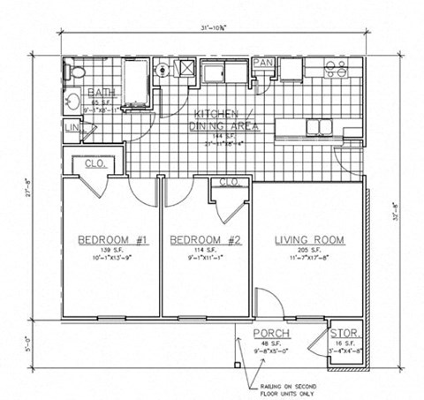 Floor plan for 2 beds, 1 bath, 975 sqft