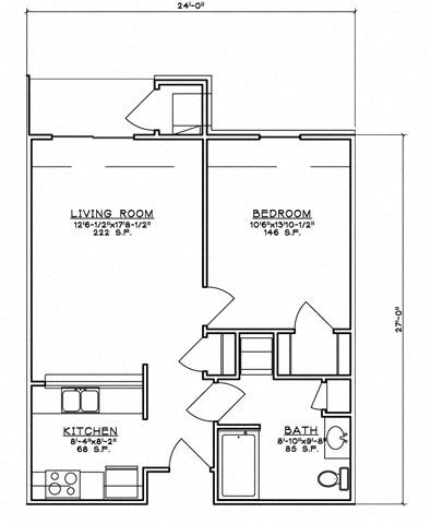 Floor plan for 1 bed, 1 bath, 708 sqft