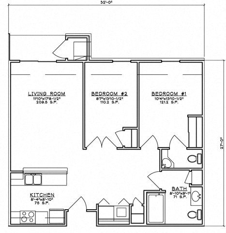 Floor plan for 2 beds, 1 bath, 923 sqft