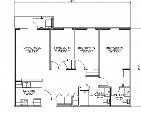 Floor plan for 2 beds, 1 bath, 1100 sqft