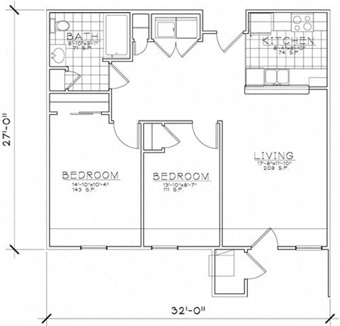 Floor plan for 2 beds, 1 bath, 860 sqft