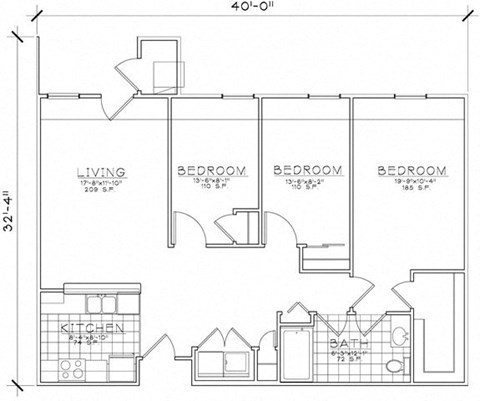 Floor plan for 3 beds, 1 bath, 1215 sqft