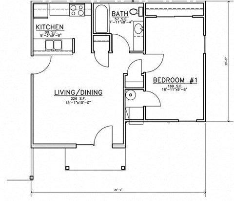 Floor plan for 1 bed, 1 bath, 651 sqft