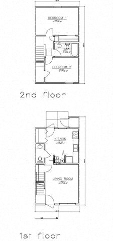 Floor plan for 2 beds, 1.5 baths, 851 sqft