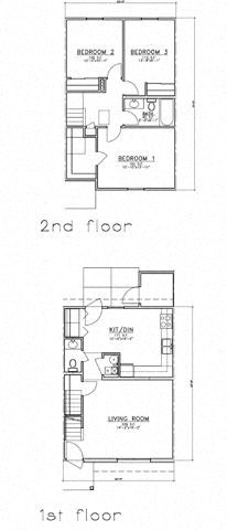 Floor plan for 3 beds, 1.5 baths, 1001 sqft