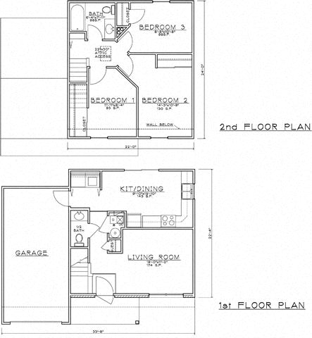 Floor plan for 3 beds, 1.5 baths, 1001 sqft