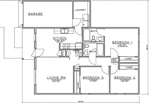 Floor plan for 3 beds, 2 baths, 1001 sqft