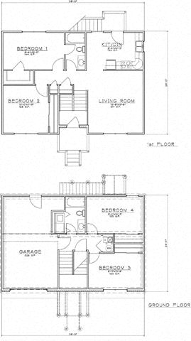 Floor plan for 4 beds, 2 baths, 1151 sqft
