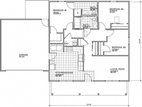 Floor plan for 3 beds, 2 baths