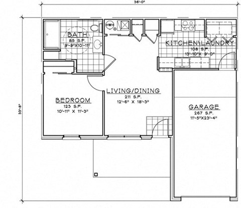 Floor plan for 1 bed, 1 bath, 918 sqft