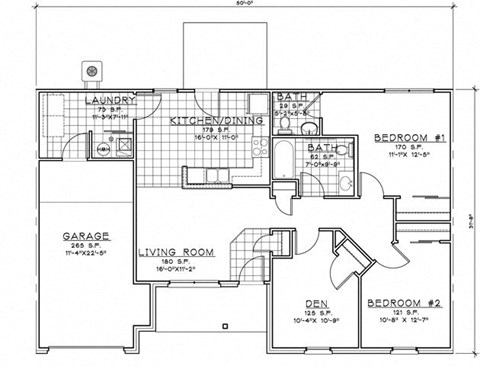 Floor plan for 2 beds, 1.5 baths, 1367 sqft
