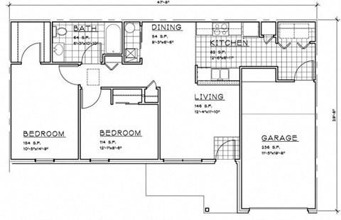 Floor plan for 2 beds, 1 bath, 1179 sqft