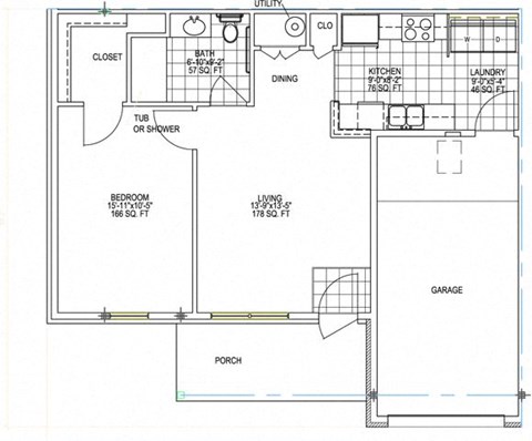 Floor plan for 1 bed, 1 bath, 952 sqft