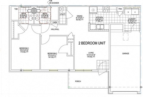 Floor plan for 2 beds, 1.5 baths, 1237 sqft
