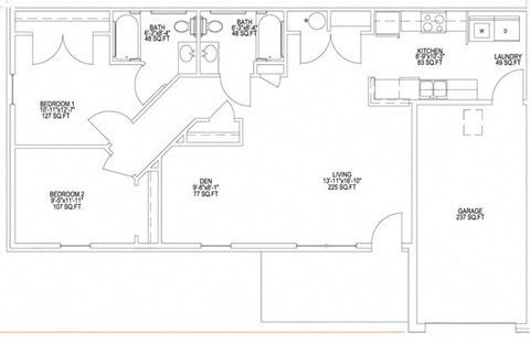 Floor plan for 2 beds, 2 baths, 1331 sqft