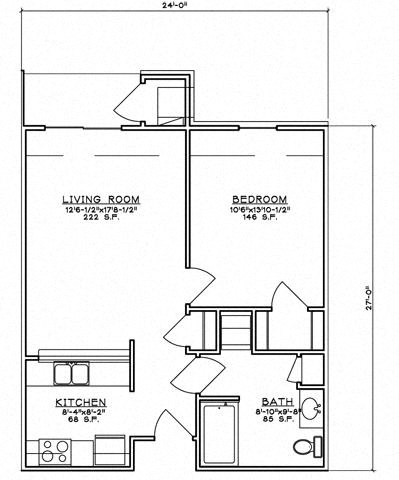 Floor plan for 1 bed, 1 bath, 654 sqft