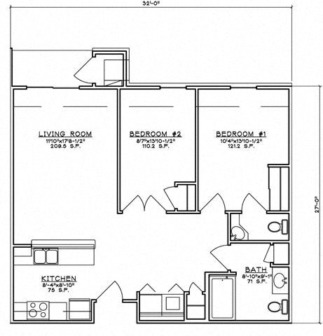 Floor plan for 2 beds, 1.5 baths, 870 sqft