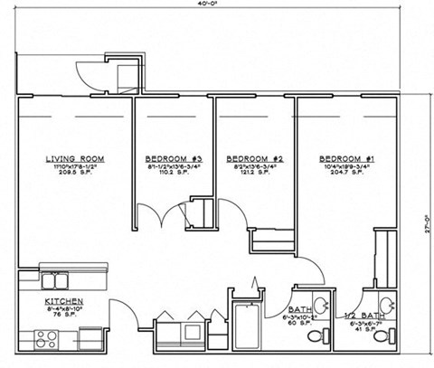 Floor plan for 3 beds, 1.5 baths, 1088 sqft