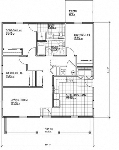 Floor plan for 3 beds, 2 baths, 1321 sqft