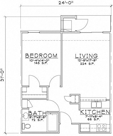 Floor plan for 1 bed, 1 bath, 654 sqft
