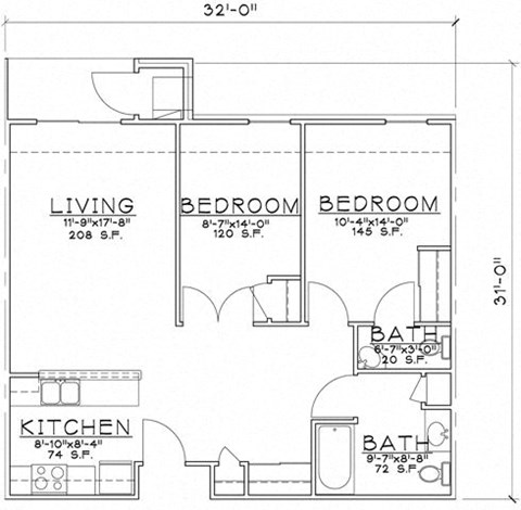 Floor plan for 2 beds, 1.5 baths, 870 sqft