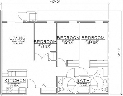 Floor plan for 3 beds, 1.5 baths, 1088 sqft