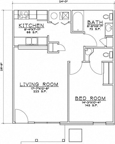 Floor plan for 1 bed, 1.5 baths, 654 sqft