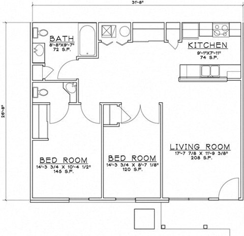 Floor plan for 2 beds, 1.5 baths, 870 sqft