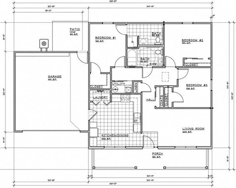 Floor plan for 3 beds, 2 baths, 1851 sqft