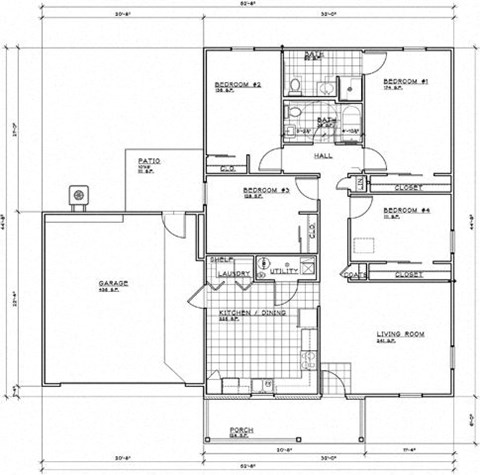 Floor plan for 4 beds, 2 baths, 1438 sqft