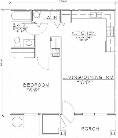 Floor plan for 1 bed, 1 bath, 658 sqft