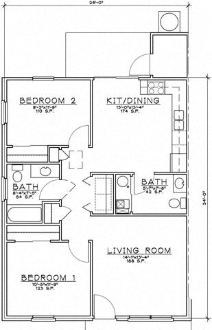 Floor plan for 2 beds, 1.5 baths, 904 sqft