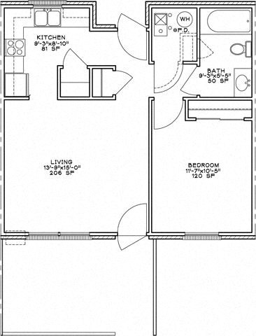 Floor plan for 1 bed, 1 bath, 585 sqft