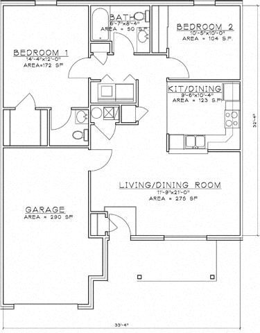 Floor plan for 2 beds, 1 bath, 851 sqft