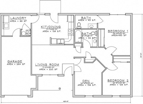 Floor plan for 2 beds, 1.5 baths, 1001 sqft