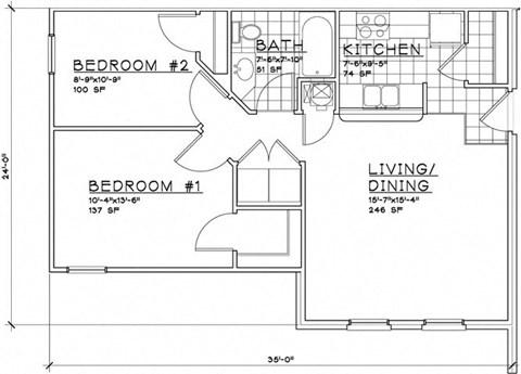 Floor plan for 2 beds, 1 bath, 780 sqft