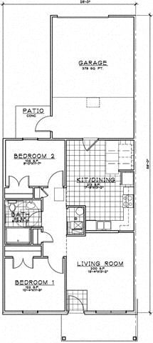 Floor plan for 2 beds, 1 bath, 1000 sqft