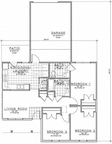 Floor plan for 3 beds, 1.5 baths, 1100 sqft