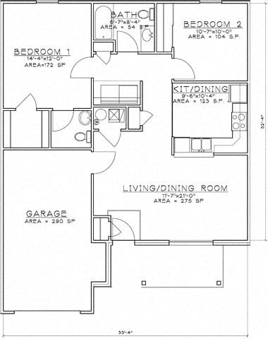 Floor plan for 2 beds, 1.5 baths, 965 sqft