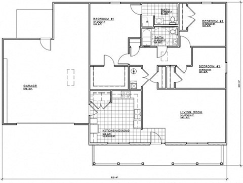 Floor plan for 3 beds, 2 baths, 1513 sqft