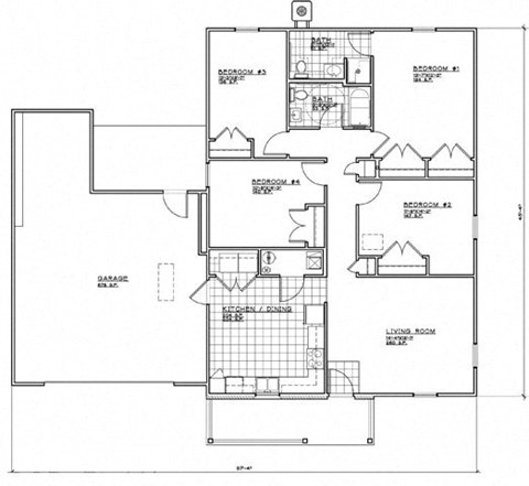 Floor plan for 4 beds, 2 baths, 1512 sqft