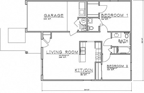 Floor plan for 2 beds, 1.5 baths, 864 sqft