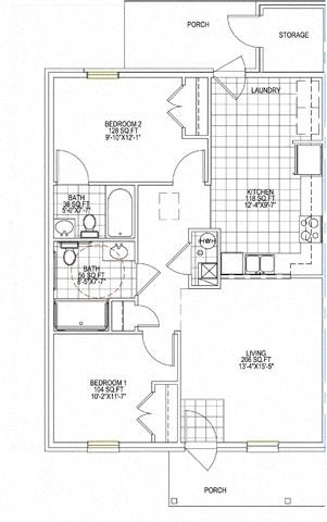 Floor plan for 2 beds, 1.5 baths, 1151 sqft