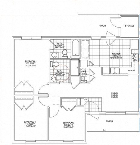 Floor plan for 3 beds, 2 baths, 1244 sqft