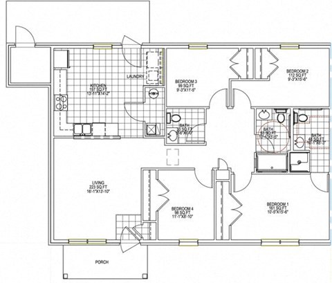 Floor plan for 4 beds, 2.5 baths, 1549 sqft