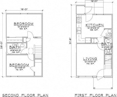 Floor plan for 2 beds, 1.5 baths, 954 sqft