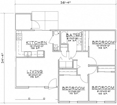 Floor plan for 3 beds, 1.5 baths, 1209 sqft
