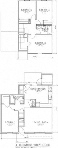 Floor plan for 4 beds, 2 baths, 1435 sqft
