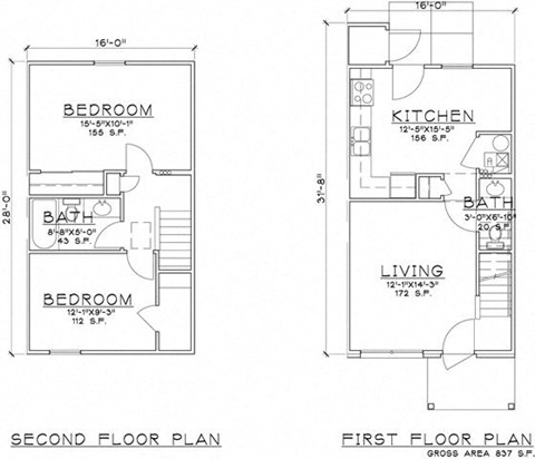 Floor plan for 2 beds, 1.5 baths, 954 sqft