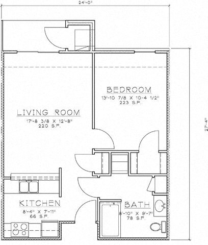 Floor plan for 1 bed, 1 bath, 709 sqft